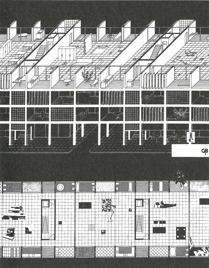 Projet théorique de W. J. Neutelings, A. Wall, X. de Geyter et F. Roodbeen pour le concours «Habitatge i Ciutat», Quaderns, Barcelone, 1990